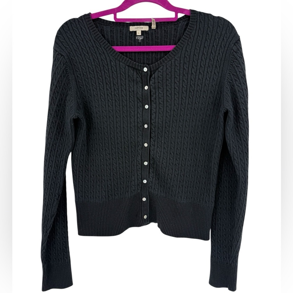 Tyler Böe Luxe Cable Knit Button Cardigan L Cashmere Cotton Blend Black Sweater